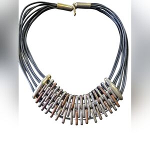 Chunky Statement Necklace‎ Multi Strand Black Cord Metal Rings, Mobwife Boho